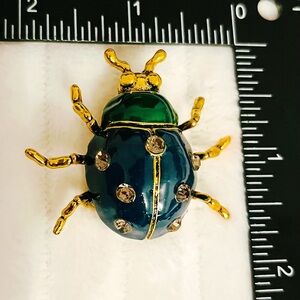 Green and Teal Enamel Bug Brooch with Rhinestones